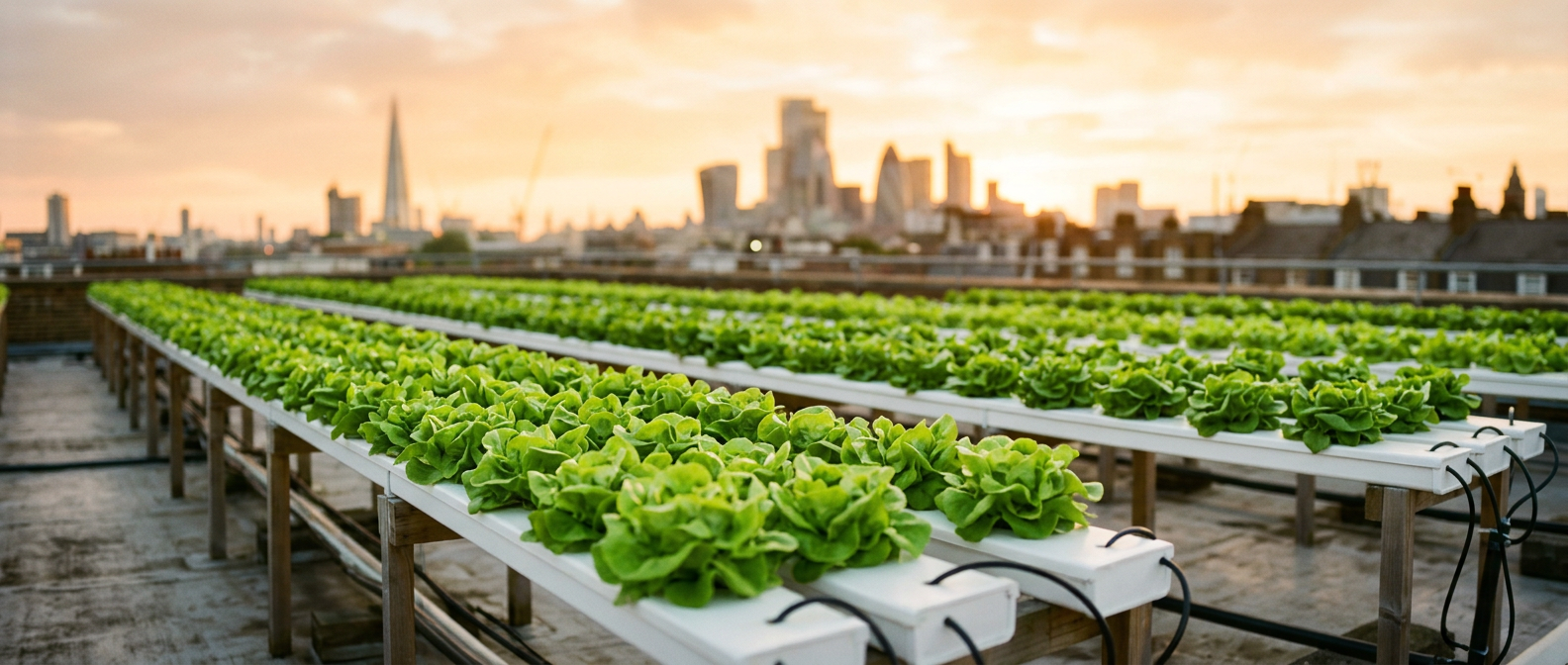 Generated image: rows of soilless lettuce gutters on a rooftop at golden hour