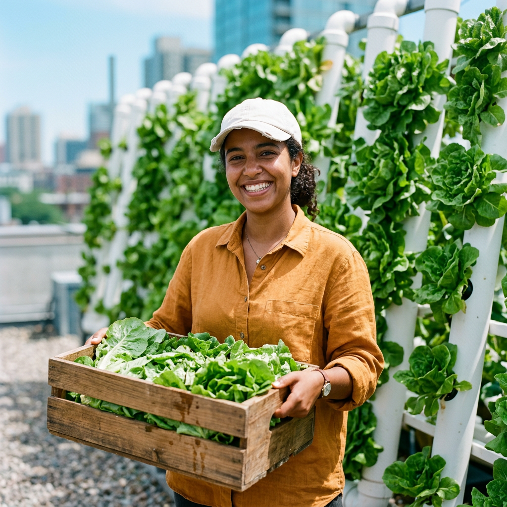 Generated image: a smiling young woman holding a crate of lettuce in front of white soilless gutters on a rooftop