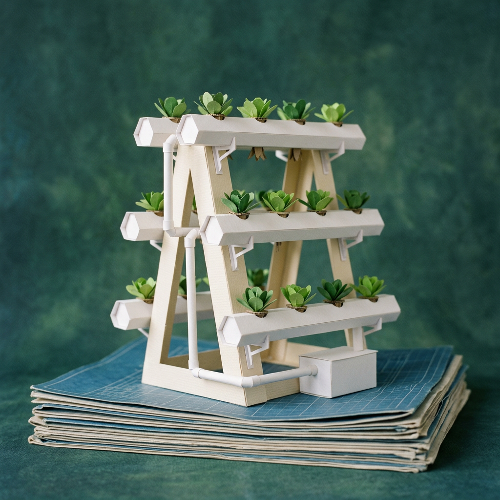 Generated image: a paper-craft model of a three-tier soilless farm resting on a stack of blueprints