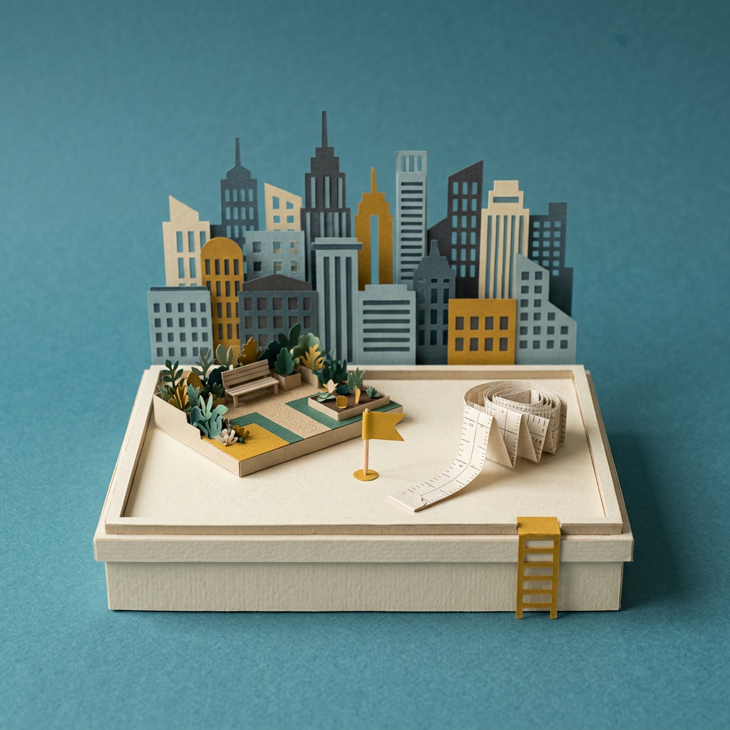 Generated image: a paper-craft rooftop plot with a city skyline, a yellow flag and a folded tape measure